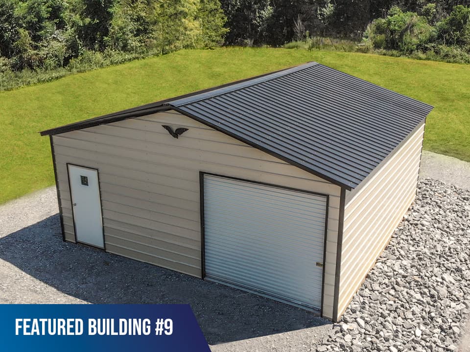 Horizontal paneling on this vertical roof style metal garage has a walk in door on the same side as the garage doors