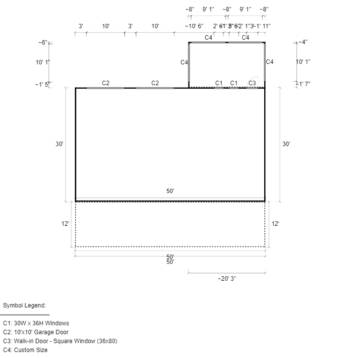 2D Floor Plan of 54x50x12/9 Vertical Roof Triple Wide Garage