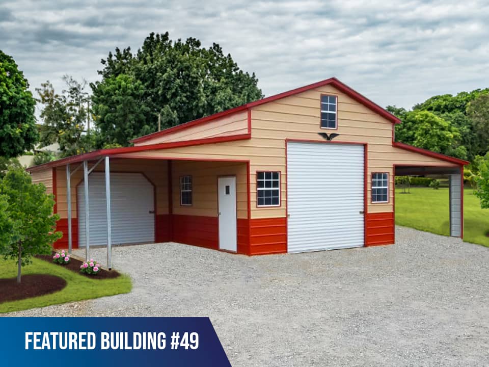 44x25 metal agricultural building with pole barn lean-tos for hay storage and farm equipment