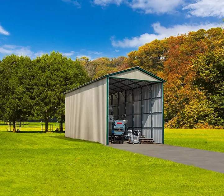 A vertical roof carport provides travel trailers with steel walls