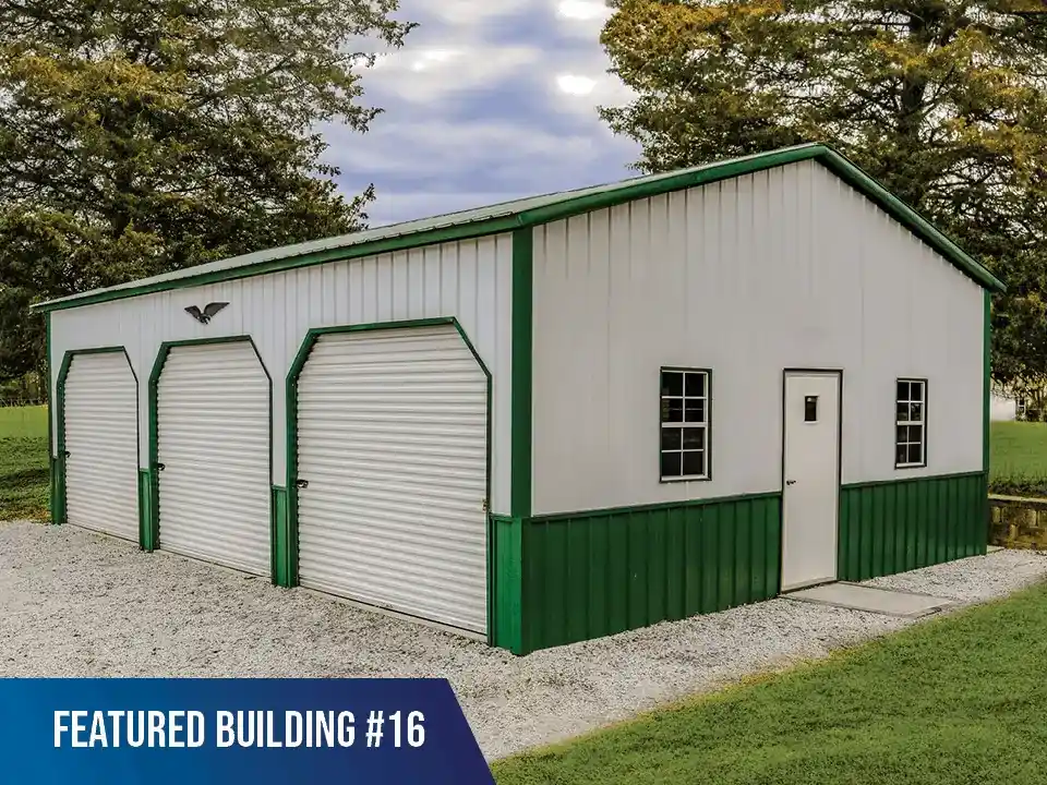 Common dimensions of a three car garage with windows and side entry door on a gravel and concrete foundation for a custom storage option to store equipment and vehicles out of the weather